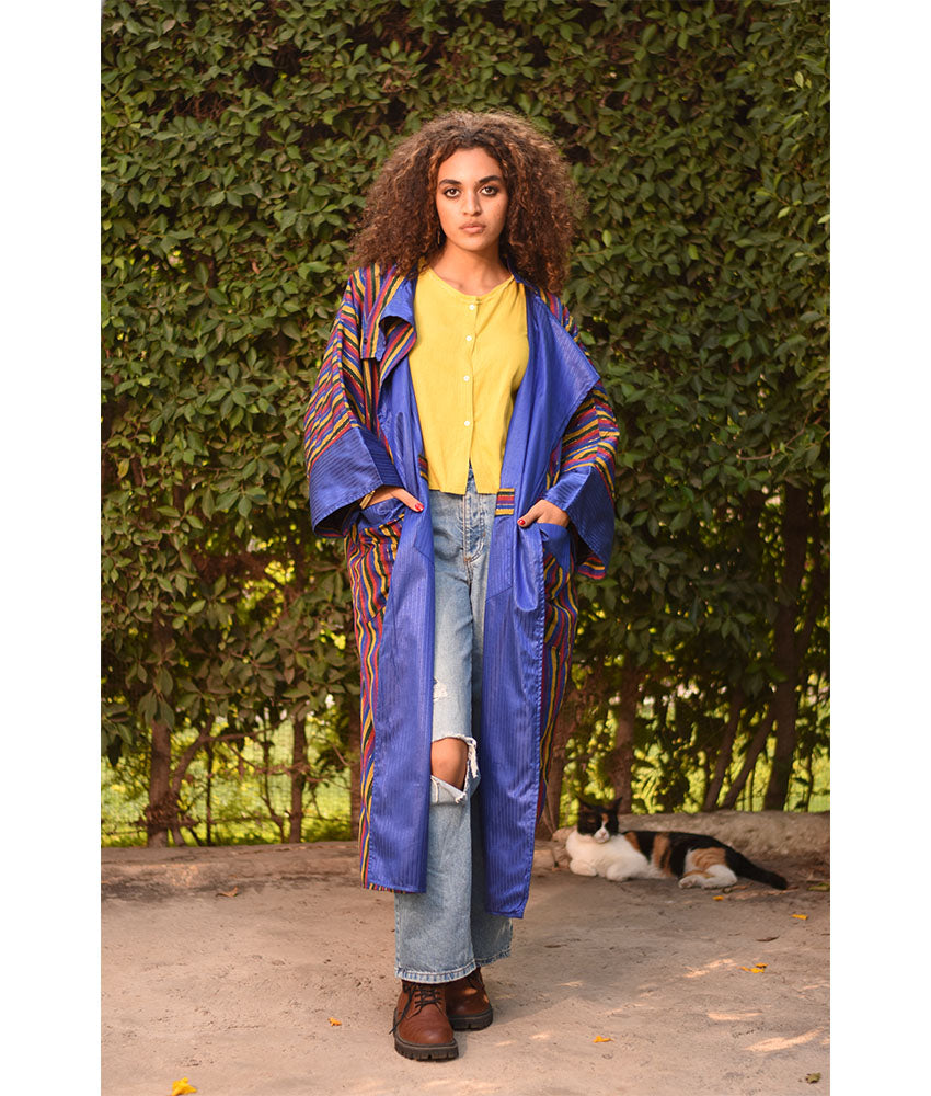 Electric Blue & Multicolored Long Double-Faced Jacket handmade in Egypt & available at Jozee Boutique.