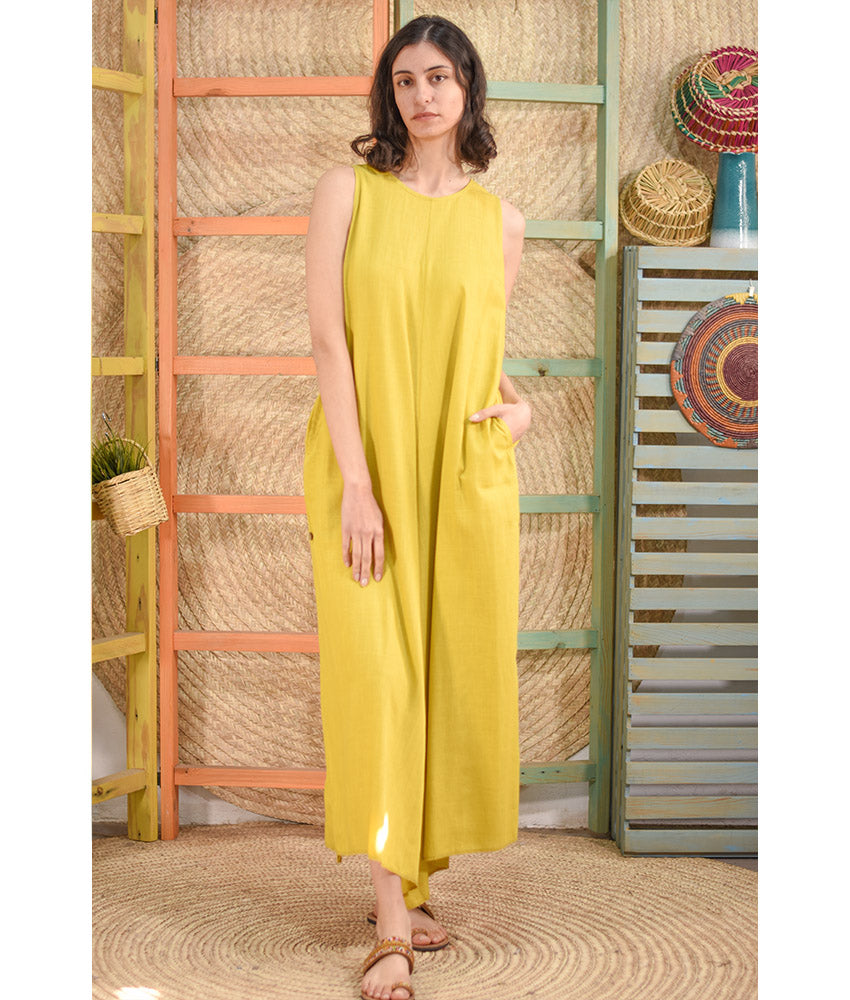 Mustard Linen Tent Dress With Side Buttons handmade in Egypt & available at Jozee boutique