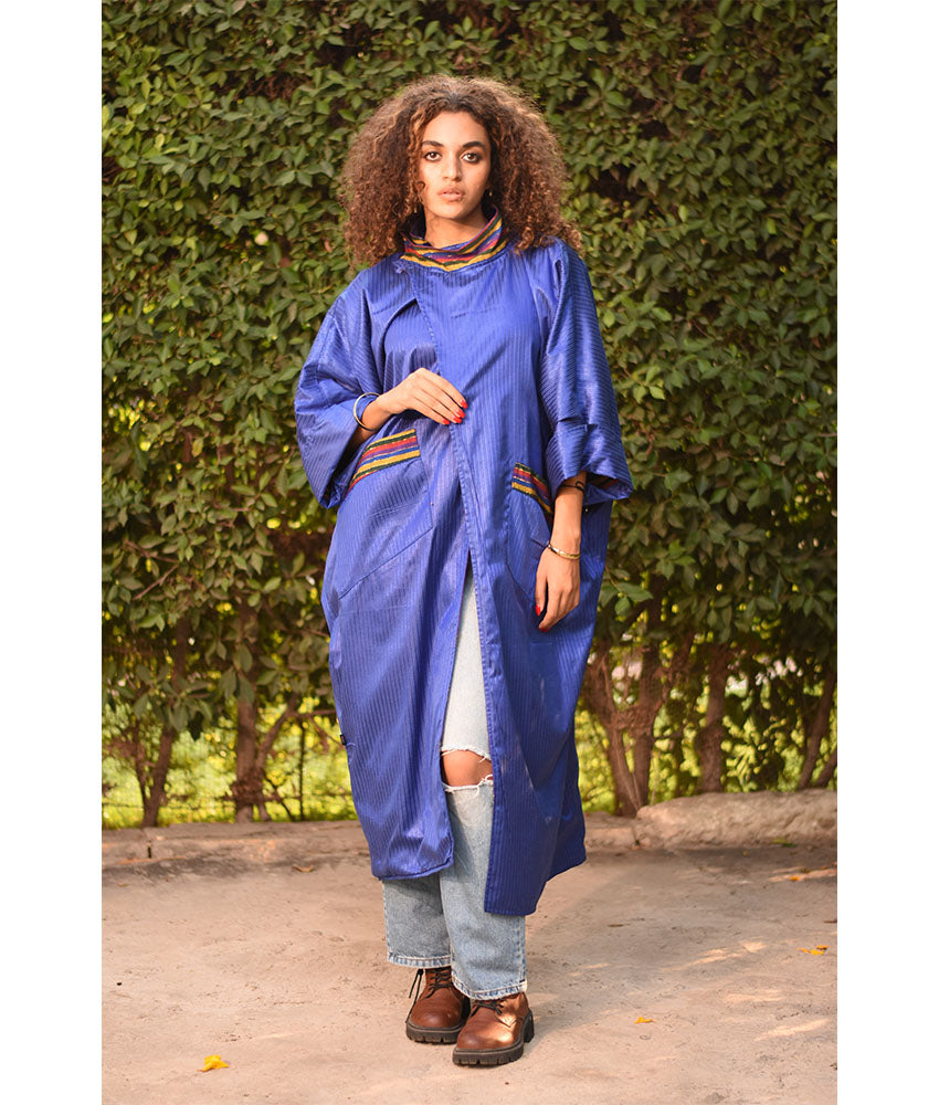 Electric Blue & Multicolored Long Double-Faced Jacket handmade in Egypt & available at Jozee Boutique.