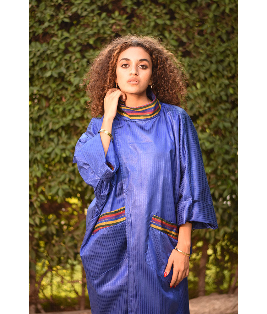 Electric Blue & Multicolored Long Double-Faced Jacket handmade in Egypt & available at Jozee Boutique.