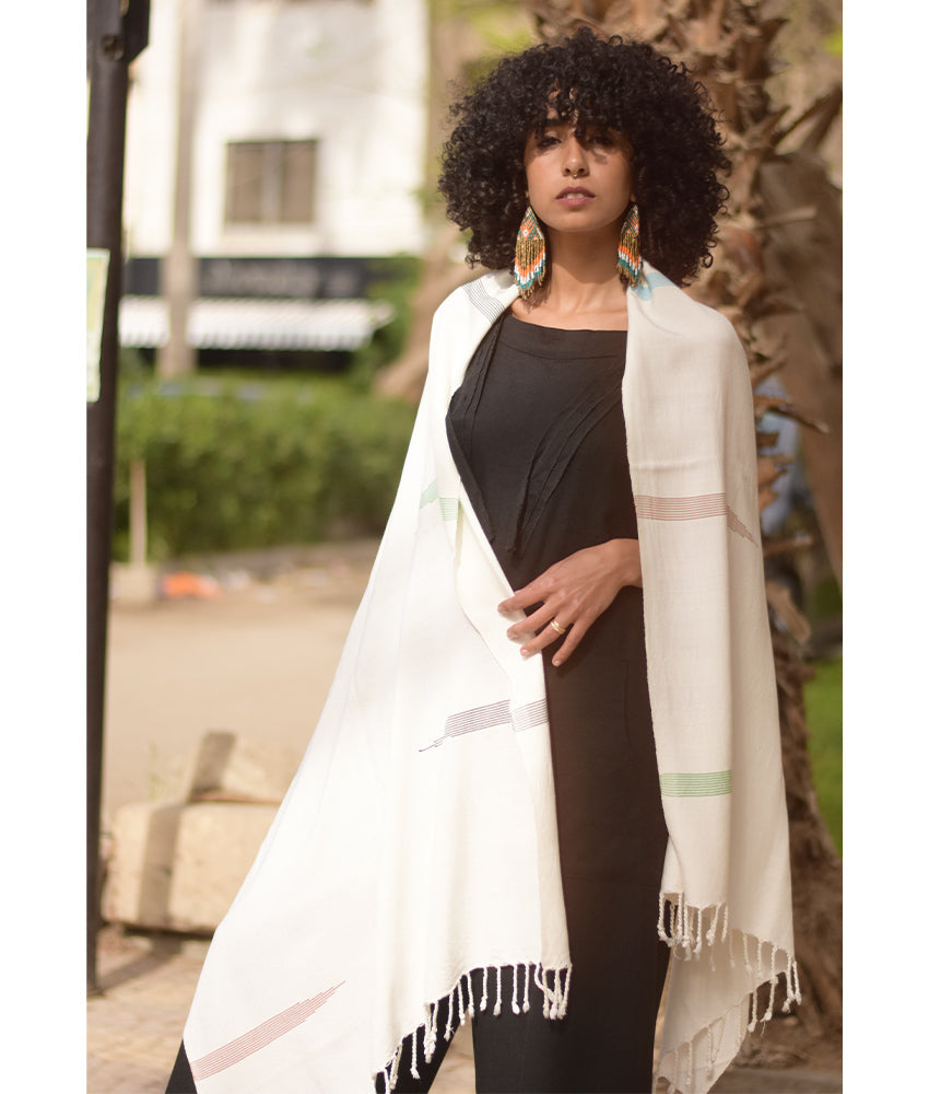Off White Viscose Shawl with Fringes handmade in Egypt & available at Jozee Boutique.handmade in Egypt & available at Jozee Boutique.