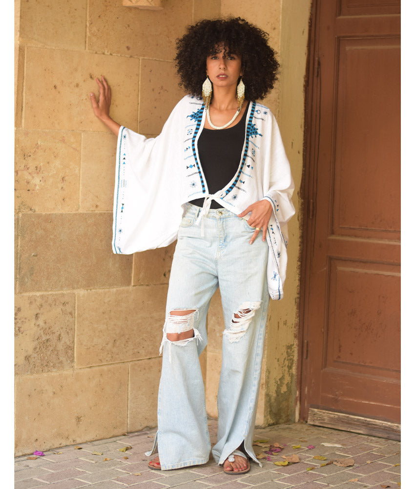 White Siwa Embroidered Linen Bolero made in Egypt & available at Jozee Boutique.