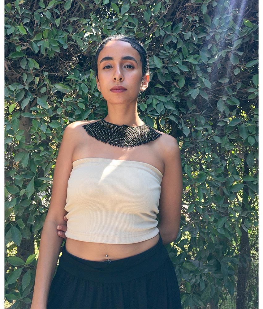 Gold & black French Loom Beaded Necklace handmade in Egypt & available at Jozee Boutique.