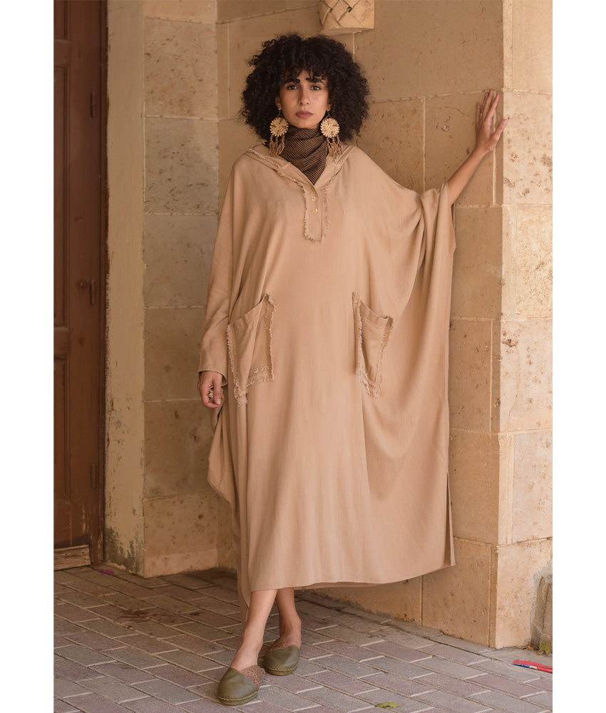 Dark Beige Linen Kaftan with Hoodie handmade in Egypt & available at Jozee Boutique.