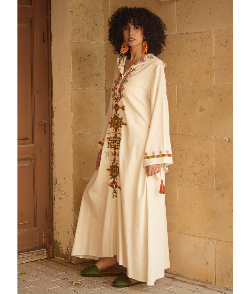 Off white Siwa Embroidered Linen Dress with Hoodie handmade in Egypt & available at Jozee Boutique.