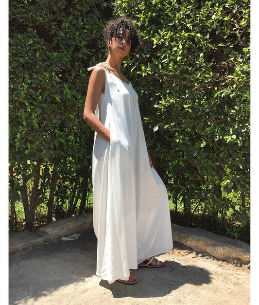 White Flowy Jumpsuit/Dress handmade in Egypt & available at Jozee Boutique.