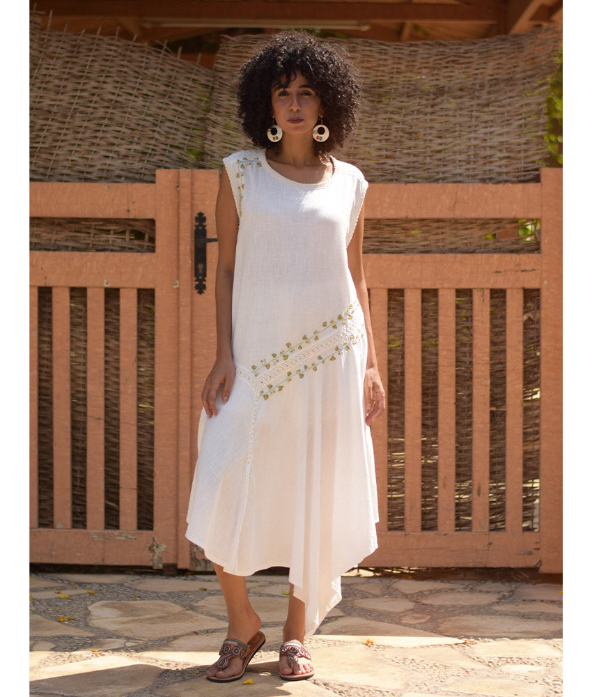 White Linen Dress with Hand Embroideries handmade in Egypt & available in Jozee boutique