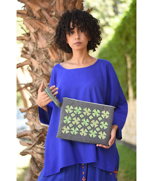 Grey Embroidered Clutch handmade in Egypt & available at Jozee Boutique.