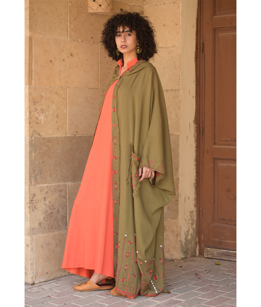 Army green Siwa Embroidered Linen Cardigan/Abaya with Hoodie handmade in Egypt & available at Jozee Boutique.