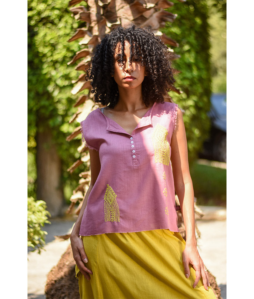Dark rose Siwa Embroidered Linen Top Handmade in Egypt & available at Jozee Boutique