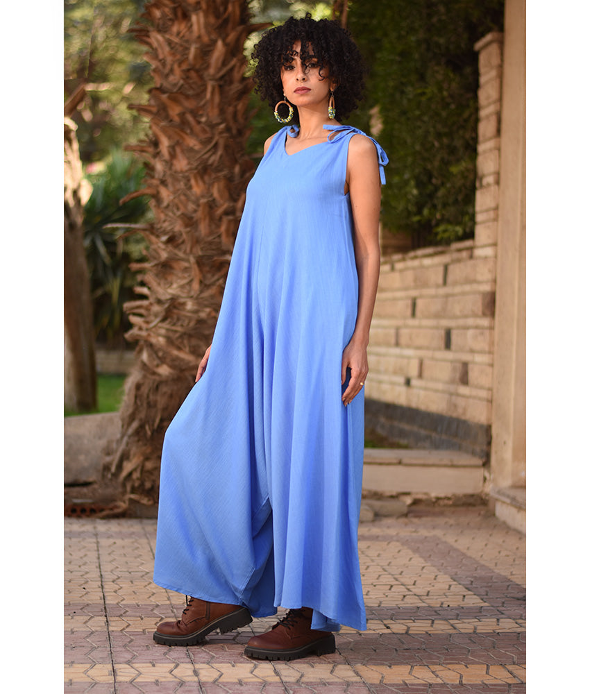 Blue Denim Flowy Jumpsuit/Dress handmade in Egypt & available at Jozee Boutique.