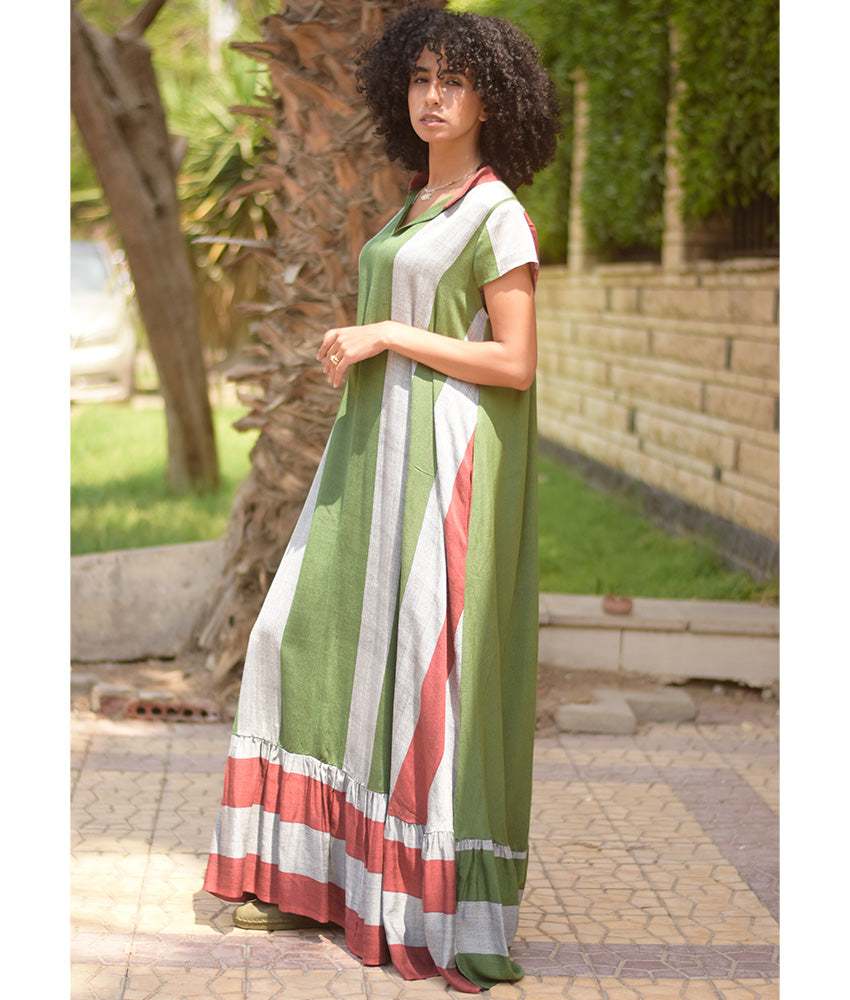 Multicolored Handwoven Ruffle Dress handmade in Egypt & available at Jozee Boutique.