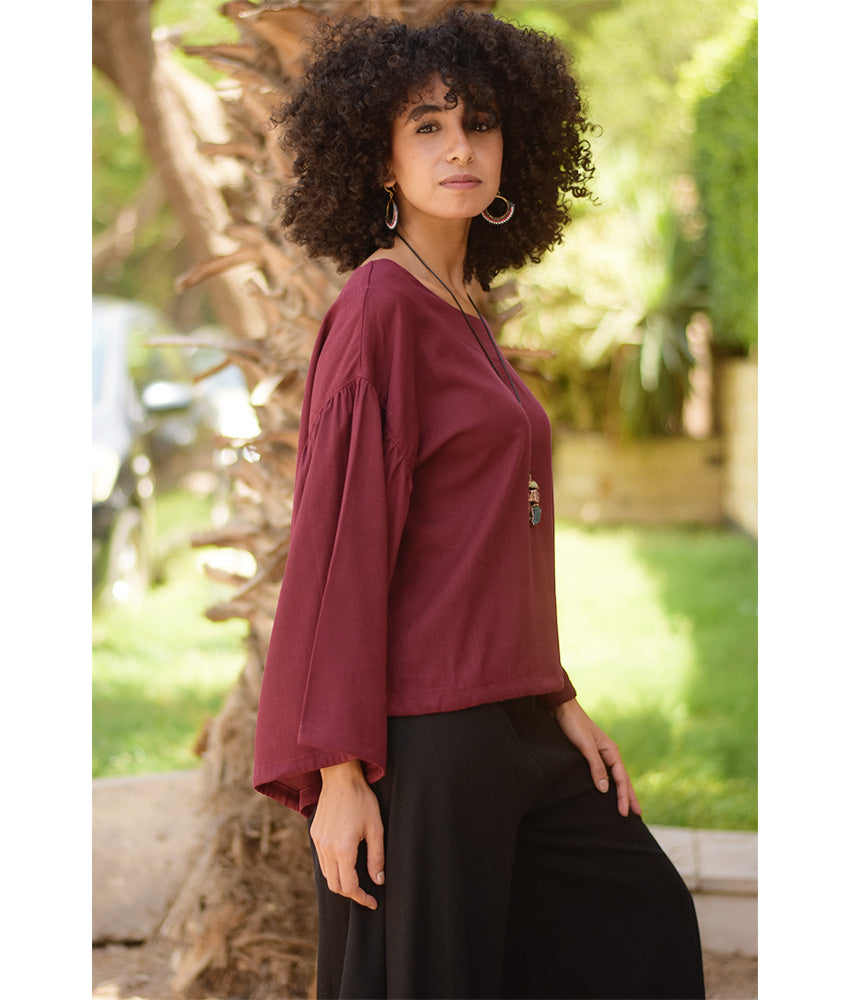 Burgundy Linen Long Sleeves Cinched Top handmade in Egypt & available at Jozee boutique