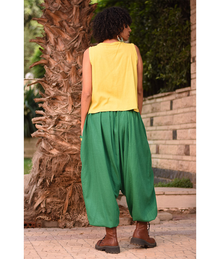 Green Siwa Embroidered Linen Harem Pants Handmade in Egypt & available at Jozee Boutique