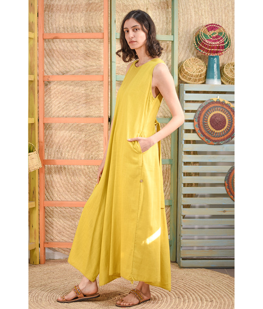 Mustard Linen Tent Dress With Side Buttons handmade in Egypt & available at Jozee boutique