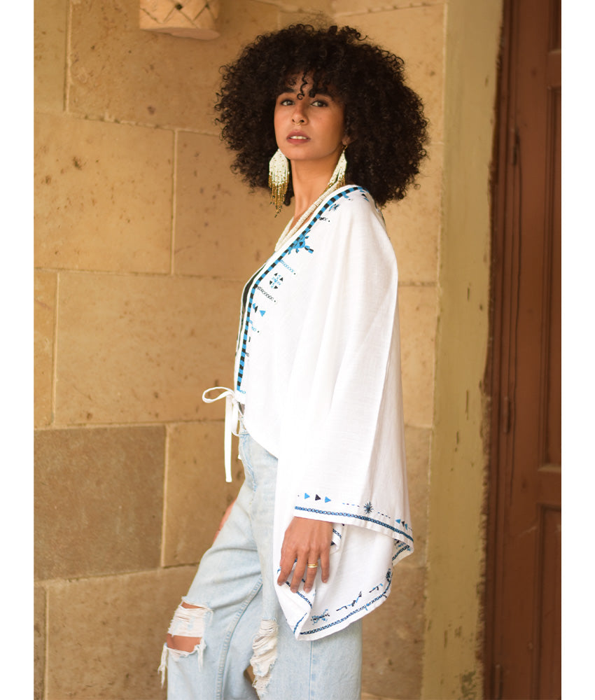 White Siwa Embroidered Linen Bolero made in Egypt & available at Jozee Boutique.