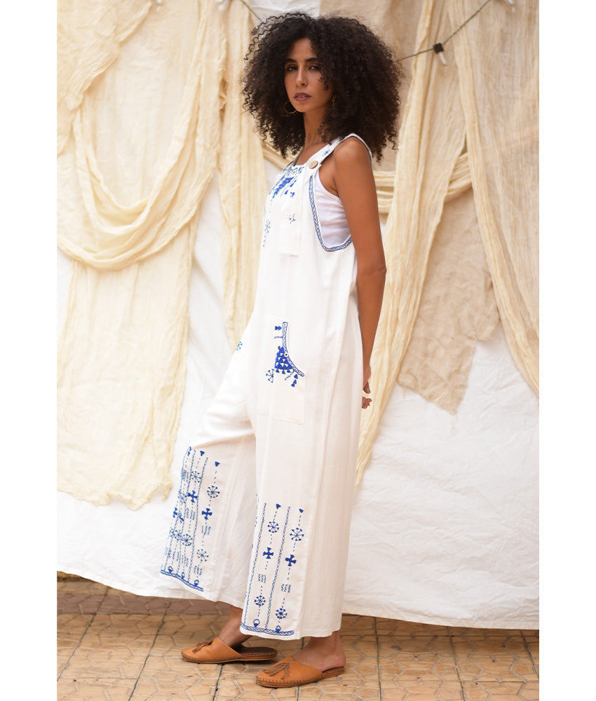 White Siwa Embroidered Linen Jumpsuit