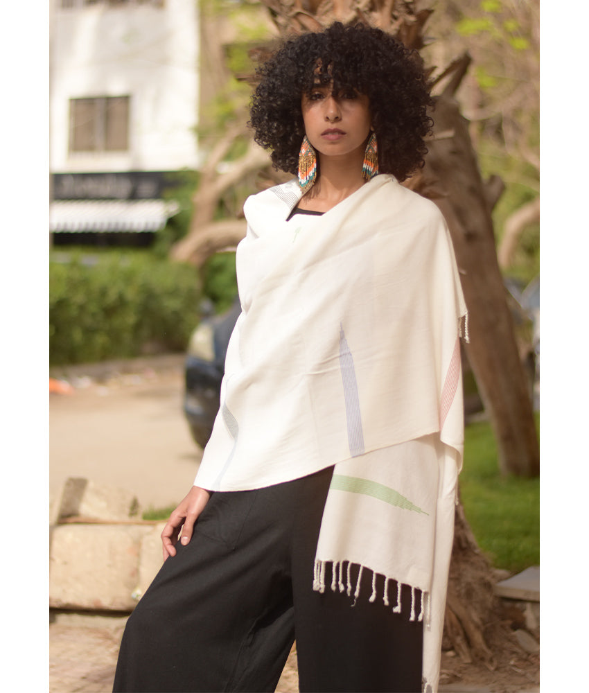 Off White Viscose Shawl with Fringes handmade in Egypt & available at Jozee Boutique.handmade in Egypt & available at Jozee Boutique.