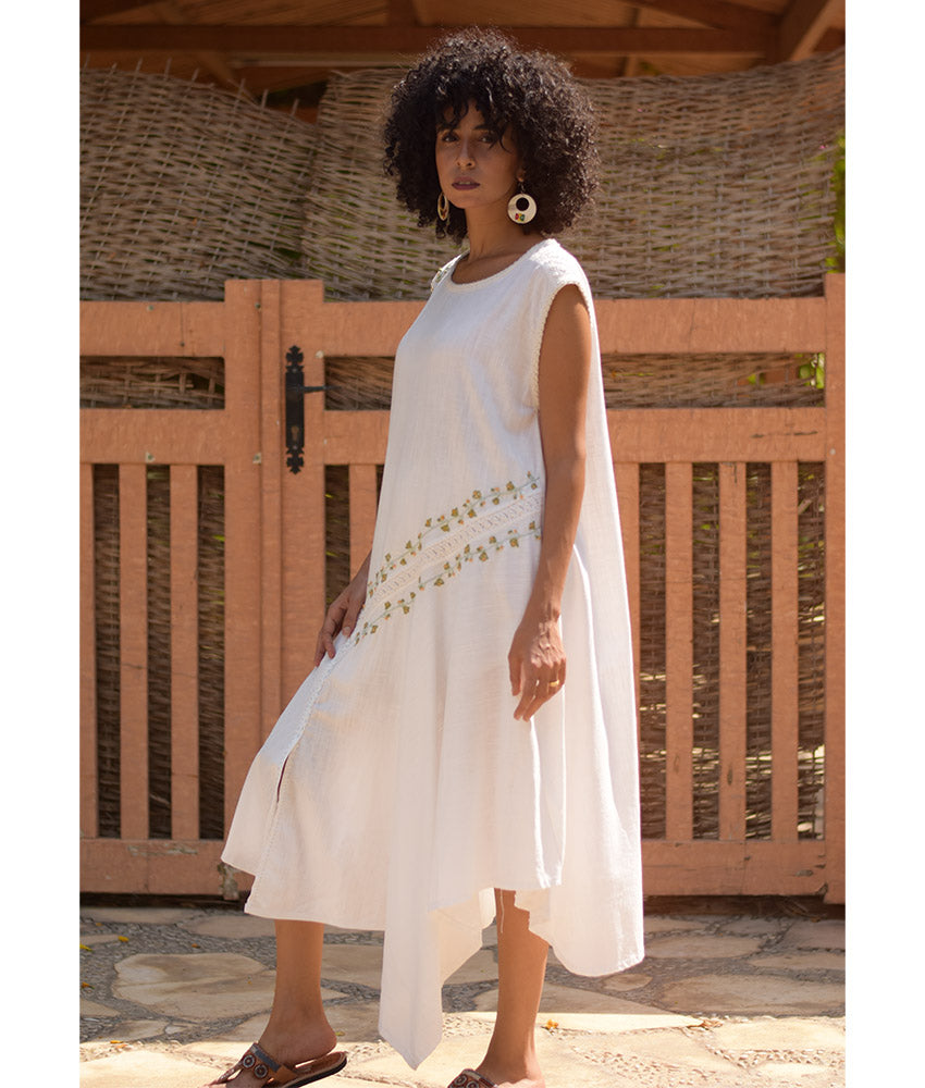 White Linen Dress with Hand Embroideries handmade in Egypt & available in Jozee boutique