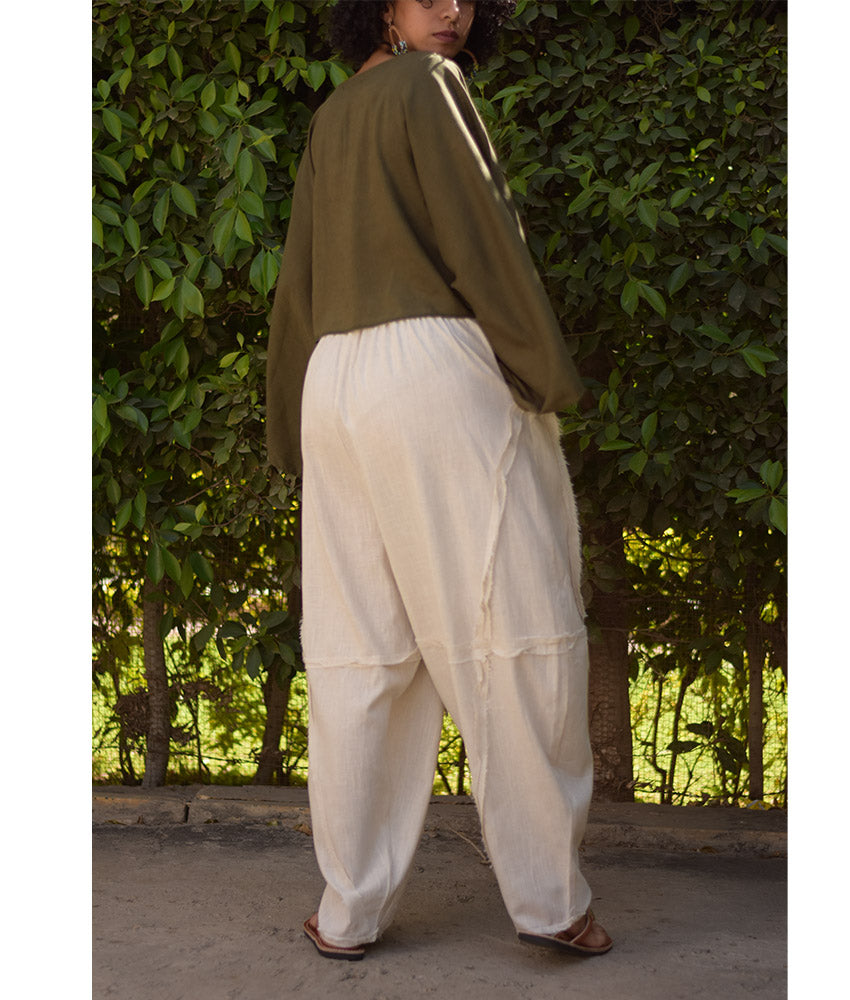 Off White Wide Leg Linen Frayed Pants handmade in Egypt & available at Jozee Boutique.