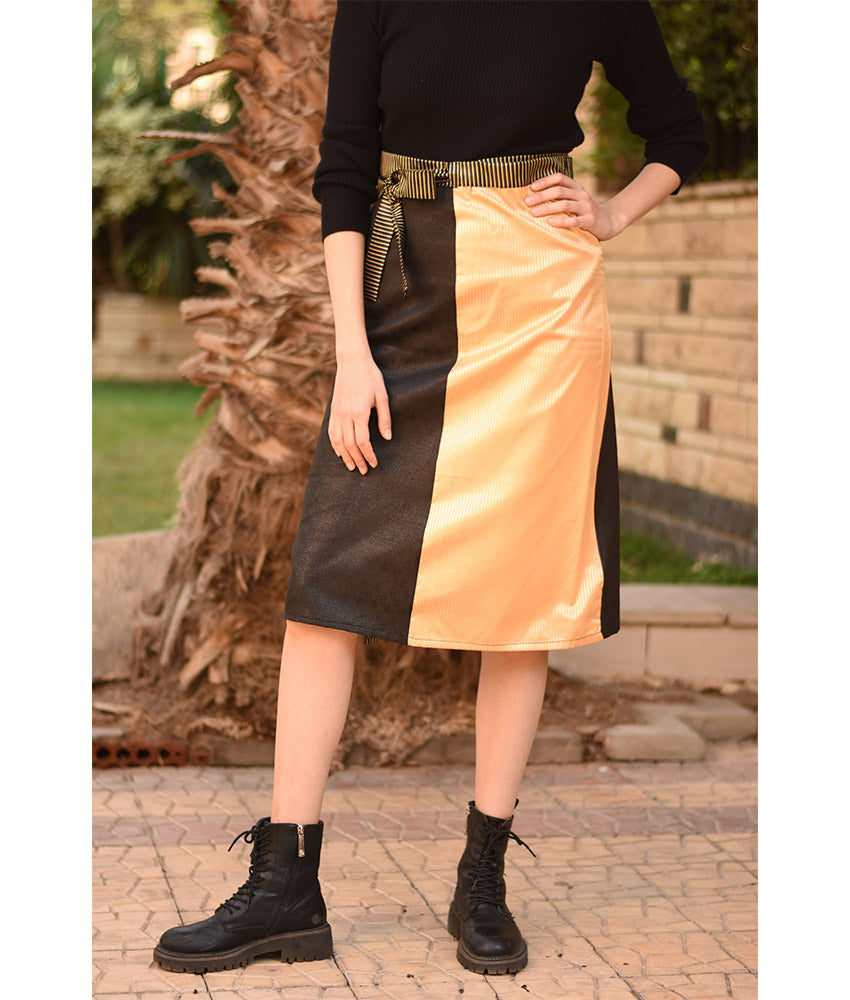 Gold, Striped Black & Yellow Silk and Cotton Loom Woven Midi Wrap Skirt handmade in Egypt & available at Jozee Boutique.