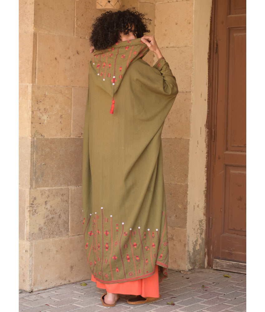 Army green Siwa Embroidered Linen Cardigan/Abaya with Hoodie handmade in Egypt & available at Jozee Boutique.