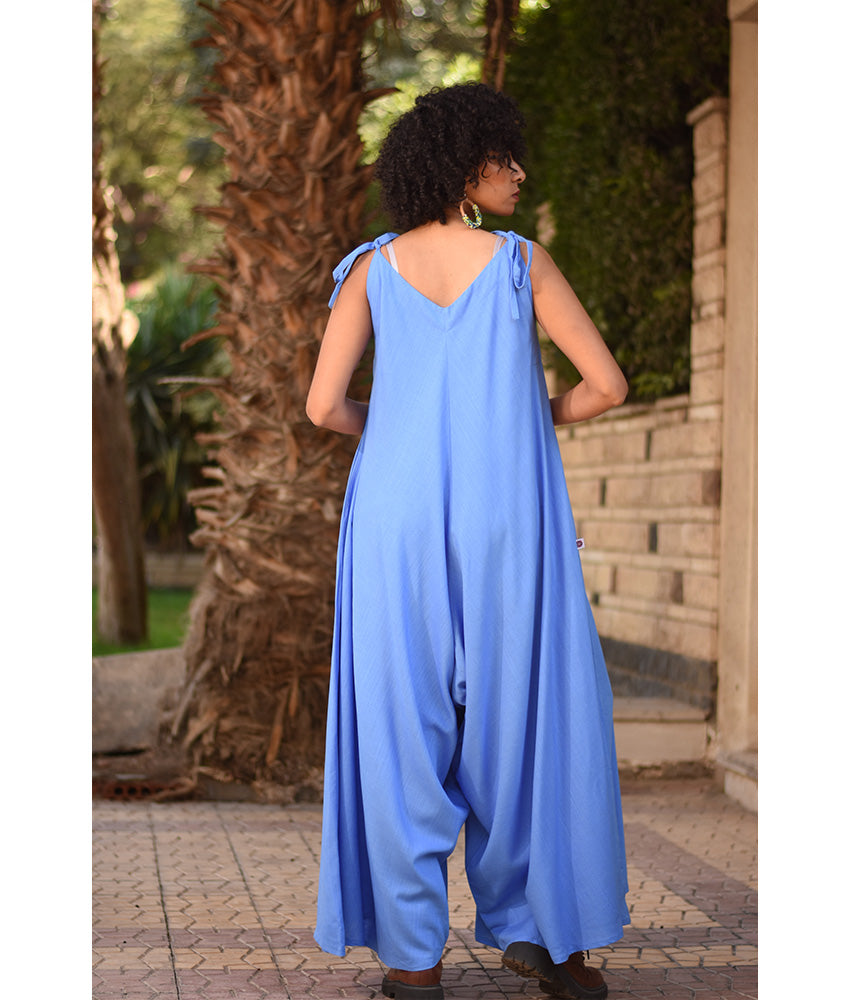 Blue Denim Flowy Jumpsuit/Dress handmade in Egypt & available at Jozee Boutique.