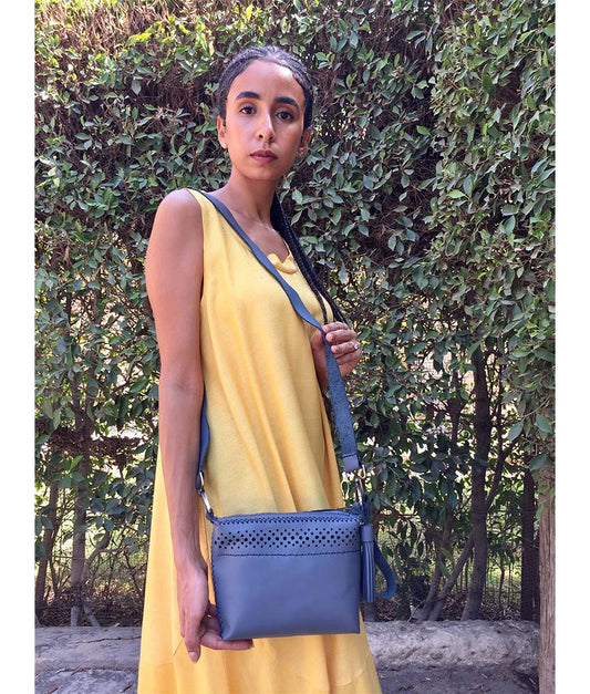 Grey Genuine Leather pouch handmade in Egypt and available at Jozee Boutique.