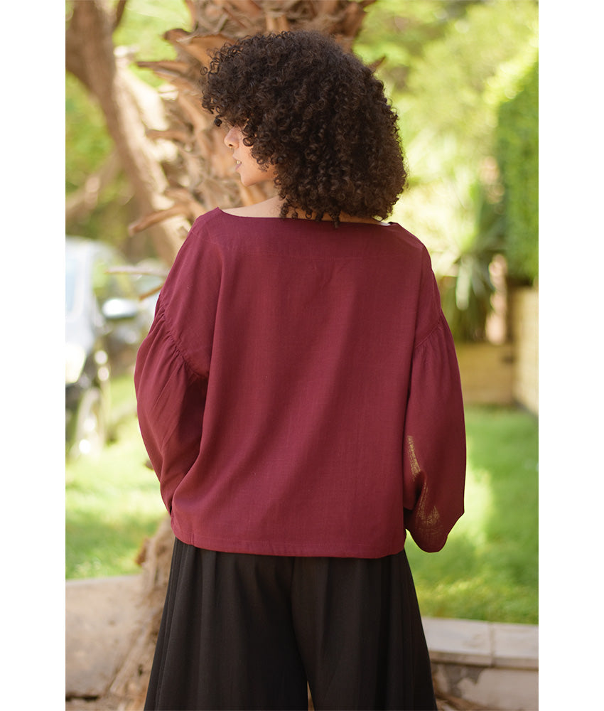 Burgundy Linen Long Sleeves Cinched Top handmade in Egypt & available at Jozee boutique