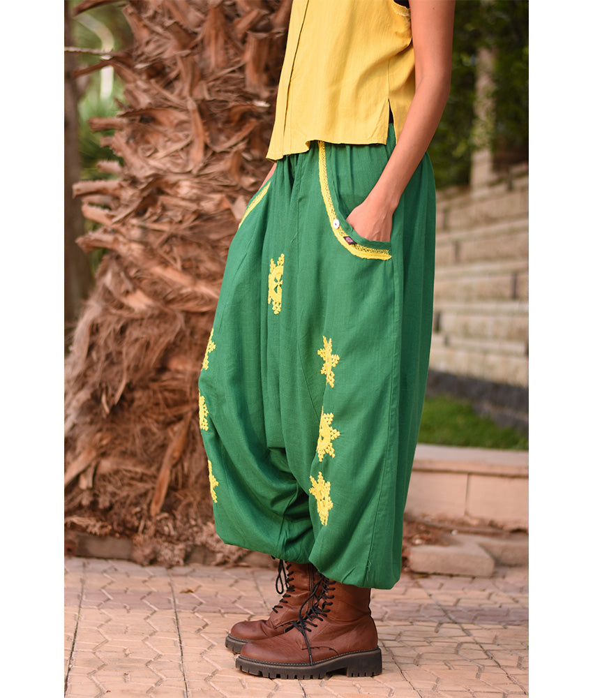 Green Siwa Embroidered Linen Harem Pants Handmade in Egypt & available at Jozee Boutique