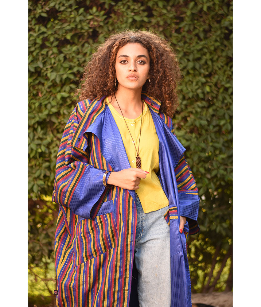 Electric Blue & Multicolored Long Double-Faced Jacket handmade in Egypt & available at Jozee Boutique.