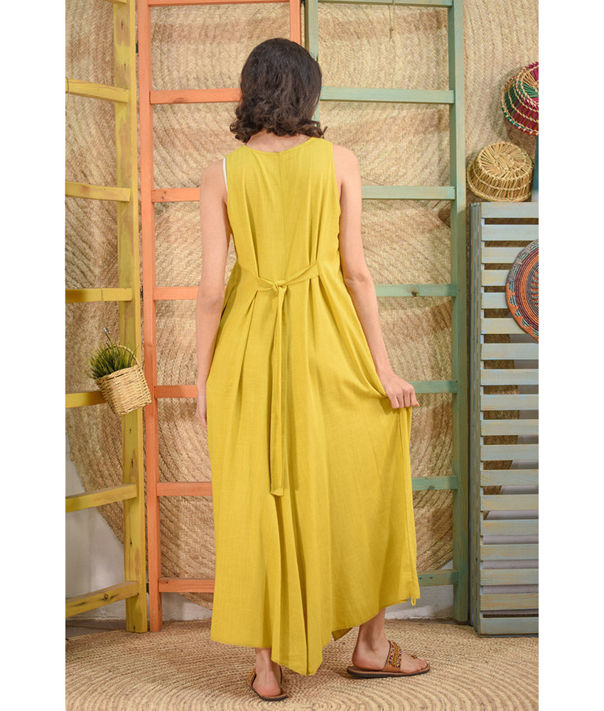 Mustard Linen Tent Dress With Side Buttons handmade in Egypt & available at Jozee boutique