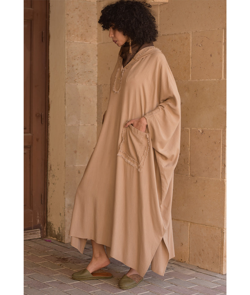 Dark Beige Linen Kaftan with Hoodie handmade in Egypt & available at Jozee Boutique.