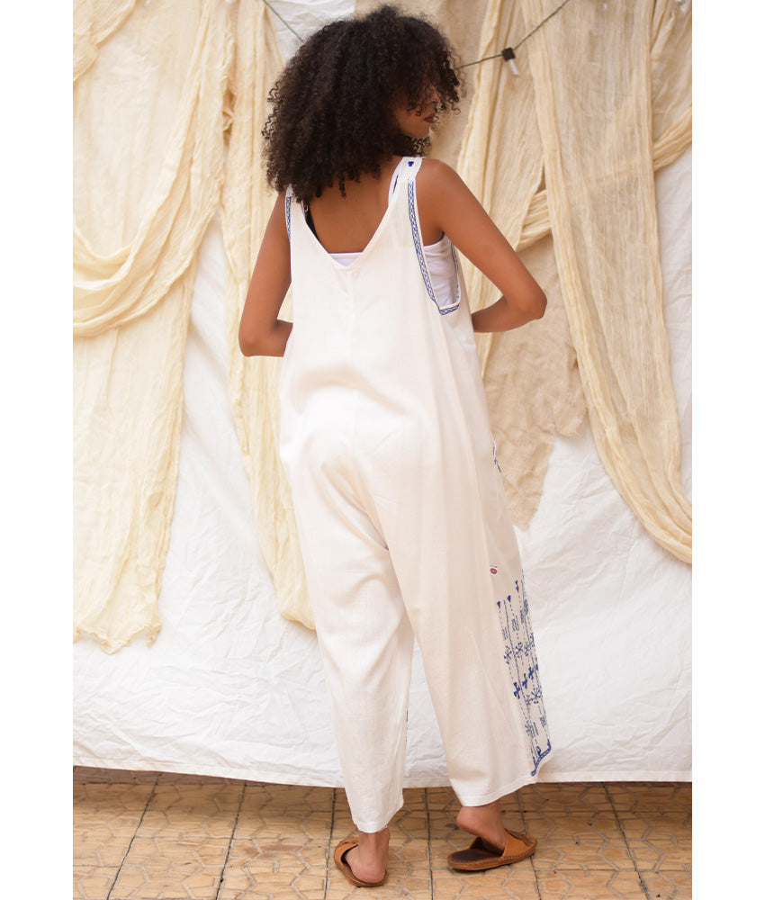White Siwa Embroidered Linen Jumpsuit