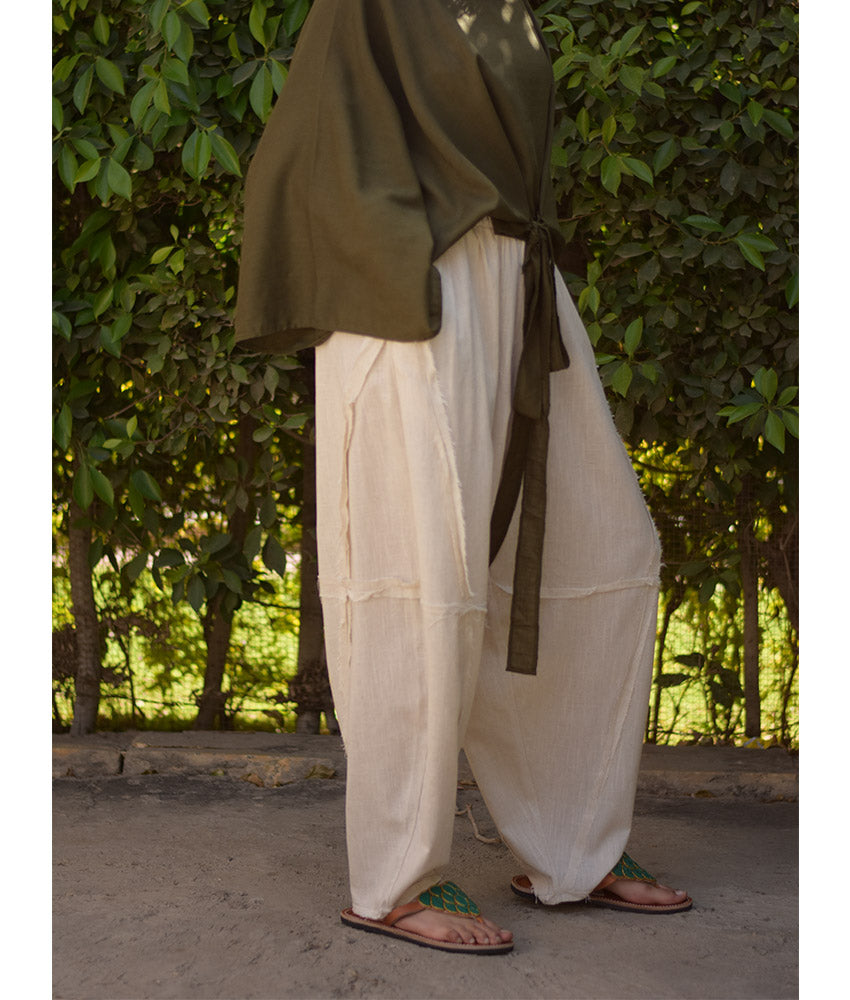 Off White Wide Leg Linen Frayed Pants handmade in Egypt & available at Jozee Boutique.