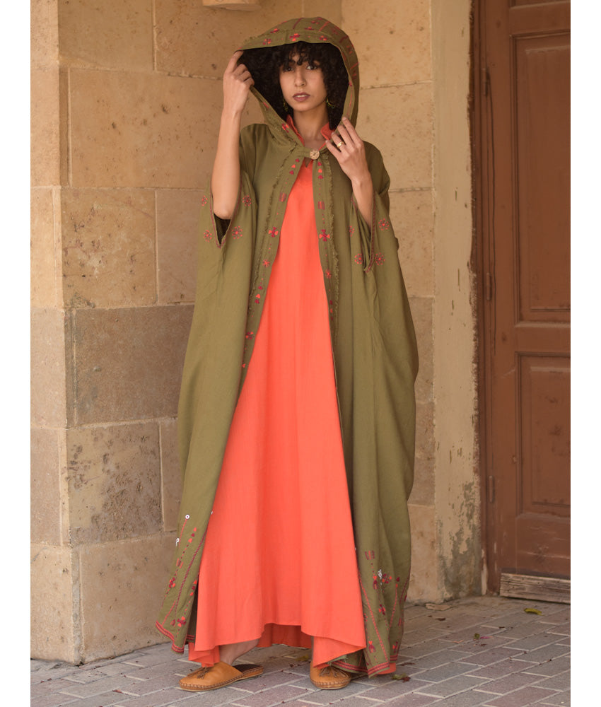 Army green Siwa Embroidered Linen Cardigan/Abaya with Hoodie handmade in Egypt & available at Jozee Boutique.