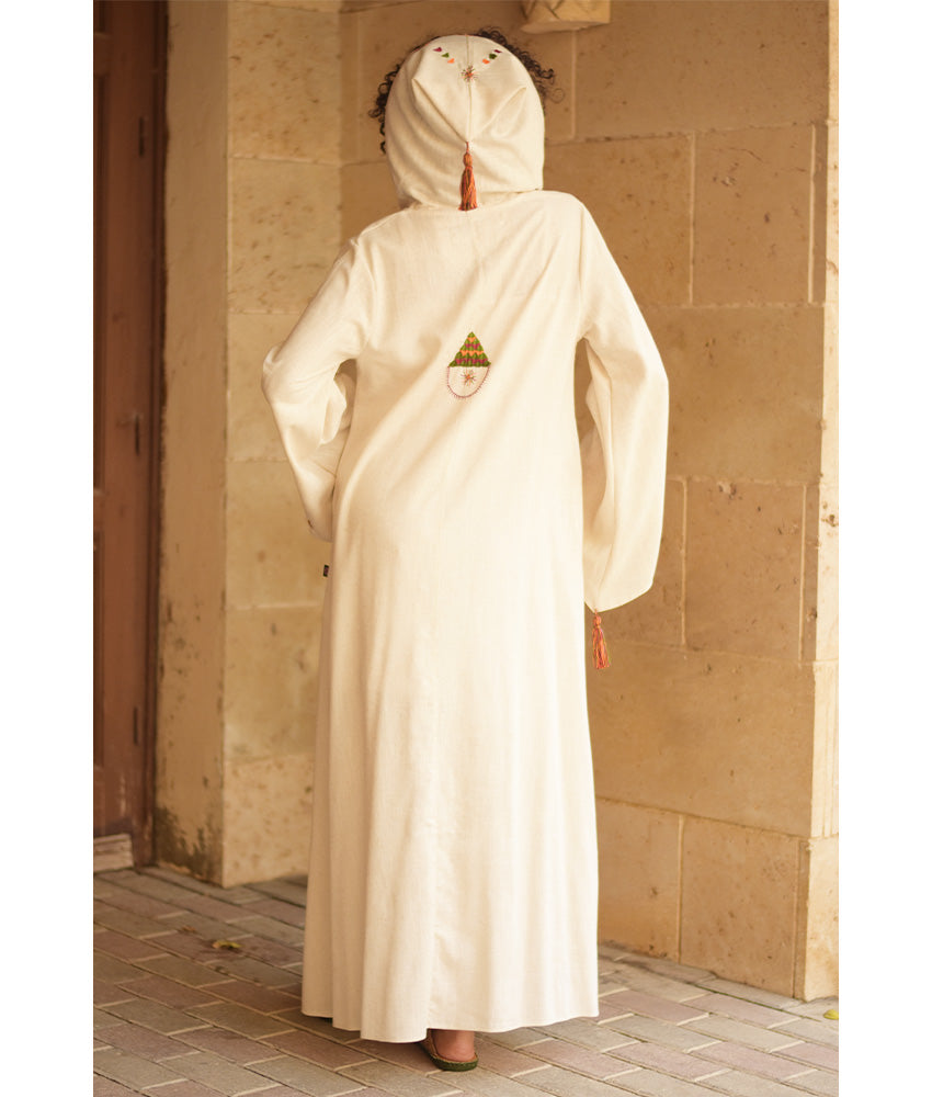 Off white Siwa Embroidered Linen Dress with Hoodie handmade in Egypt & available at Jozee Boutique.