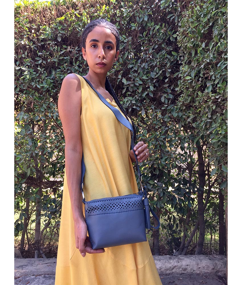 Grey Genuine Leather pouch handmade in Egypt and available at Jozee Boutique.