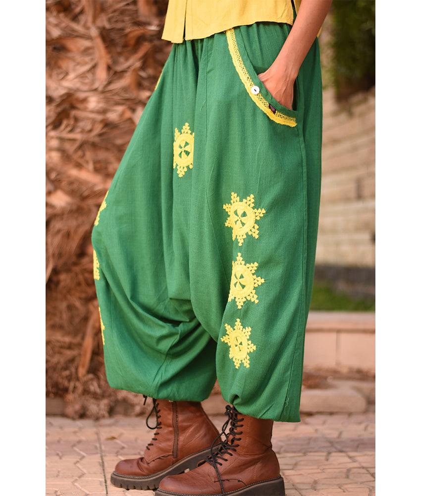 Green Siwa Embroidered Linen Harem Pants Handmade in Egypt & available at Jozee Boutique