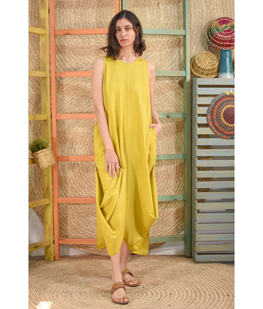 Mustard Linen Tent Dress With Side Buttons handmade in Egypt & available at Jozee boutique