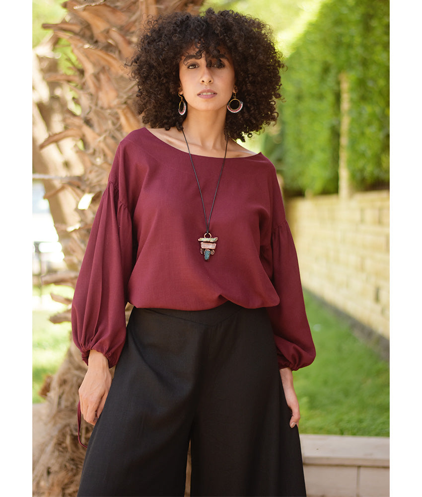 Burgundy Linen Long Sleeves Cinched Top handmade in Egypt & available at Jozee boutique