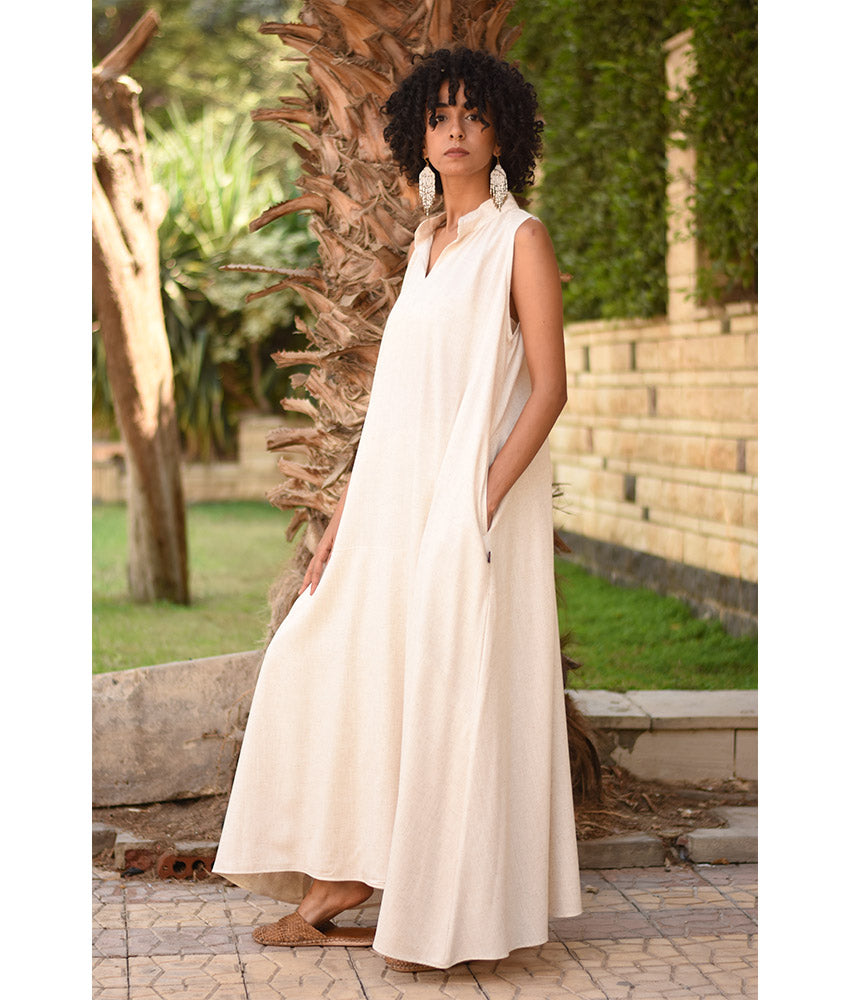 Light Beige Linen Japanese Dress made in Egypt & available in Jozee boutique