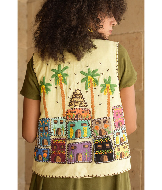Light Yellow Hand Embroideries Linen Vest - Fatoum