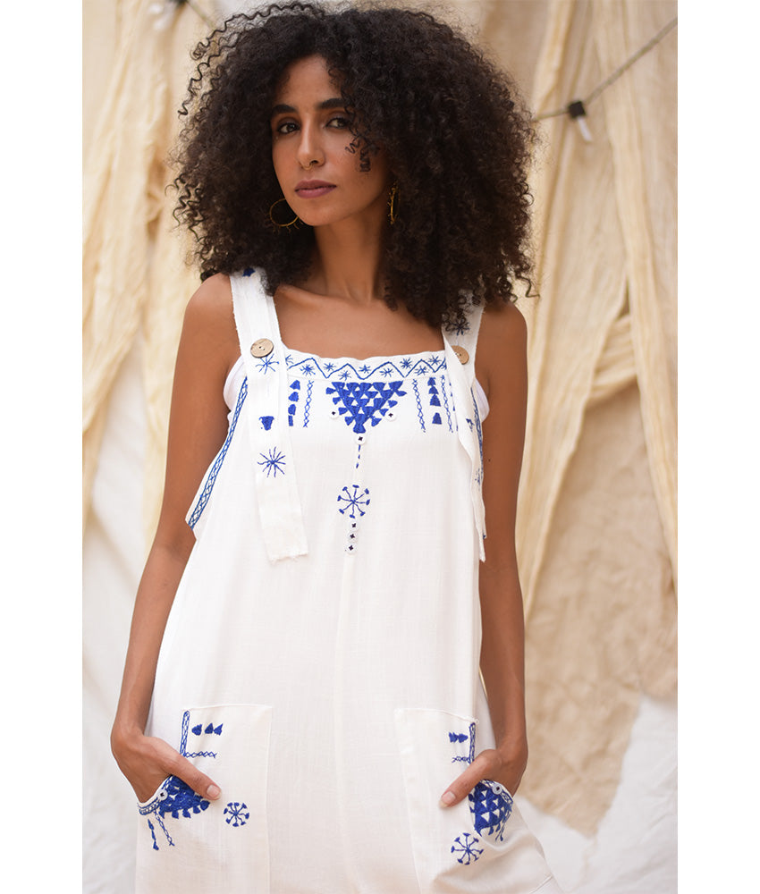 White Siwa Embroidered Linen Jumpsuit