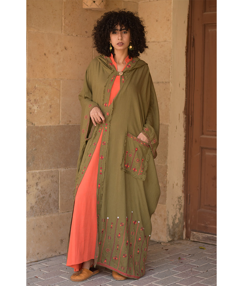 Army green Siwa Embroidered Linen Cardigan/Abaya with Hoodie handmade in Egypt & available at Jozee Boutique.