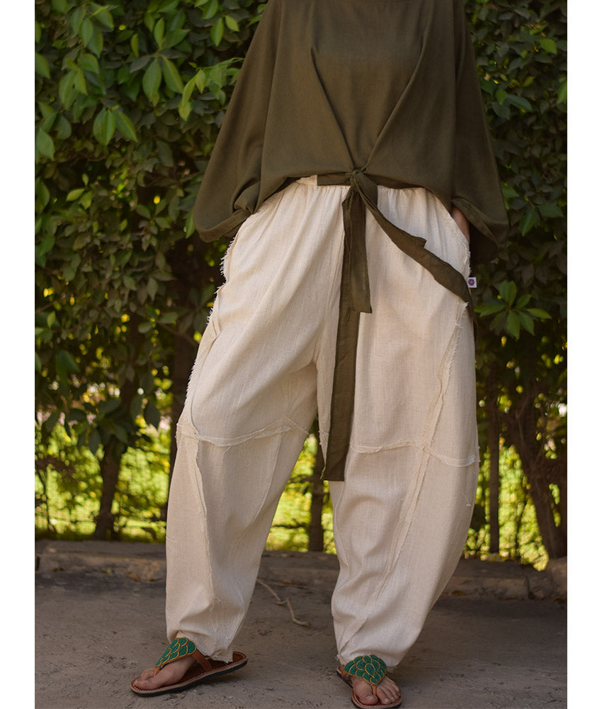 Off White Wide Leg Linen Frayed Pants handmade in Egypt & available at Jozee Boutique.