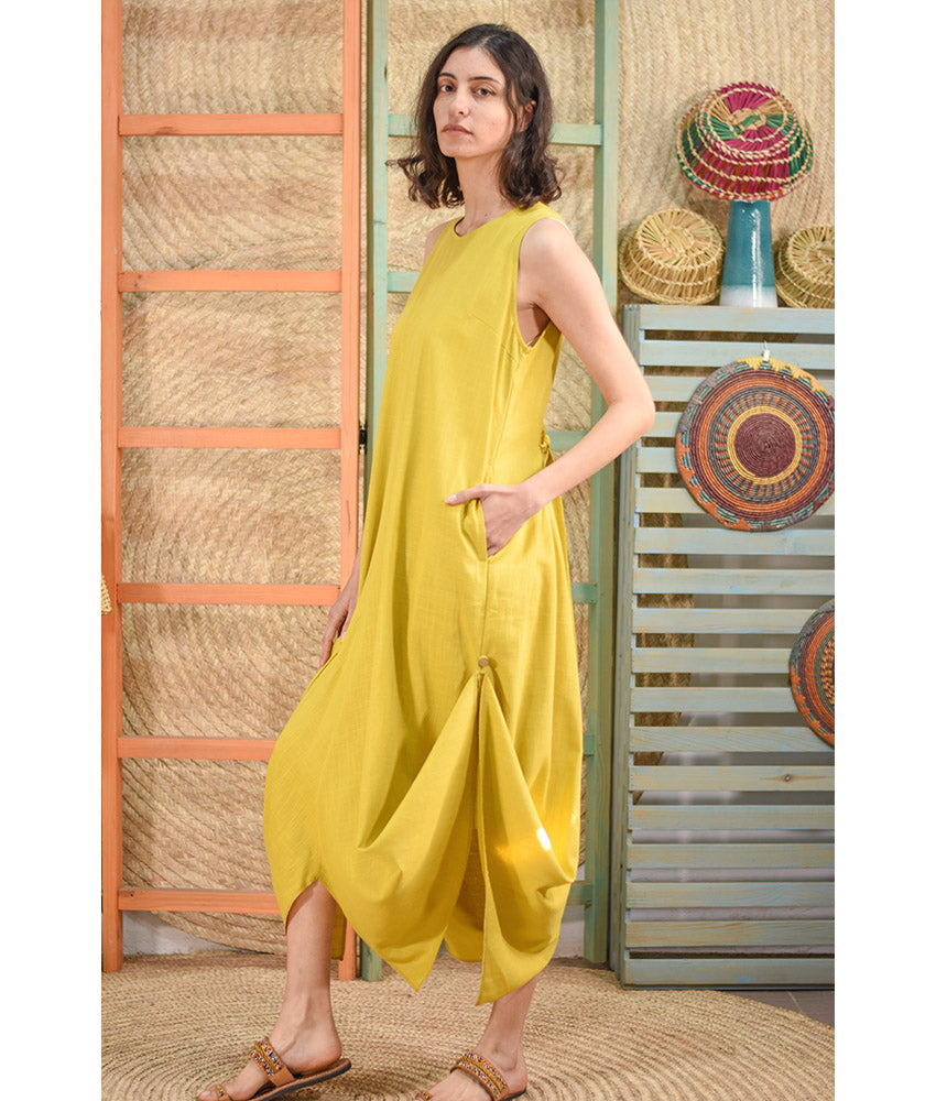 Mustard Linen Tent Dress With Side Buttons handmade in Egypt & available at Jozee boutique