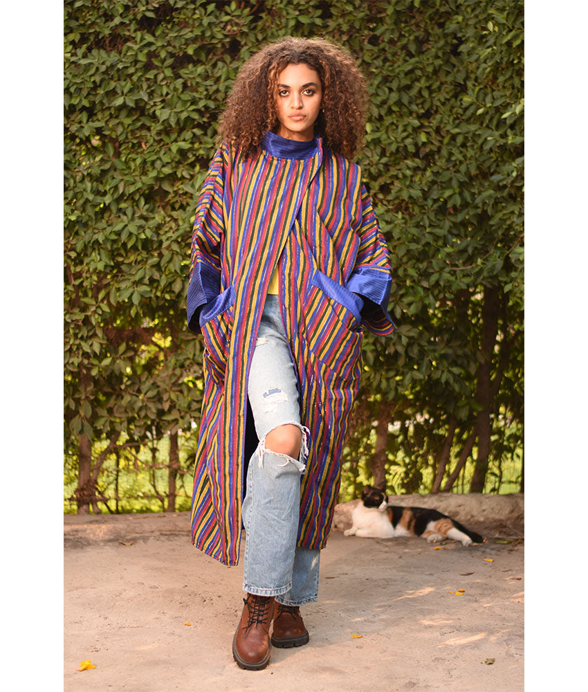 Electric Blue & Multicolored Long Double-Faced Jacket handmade in Egypt & available at Jozee Boutique.