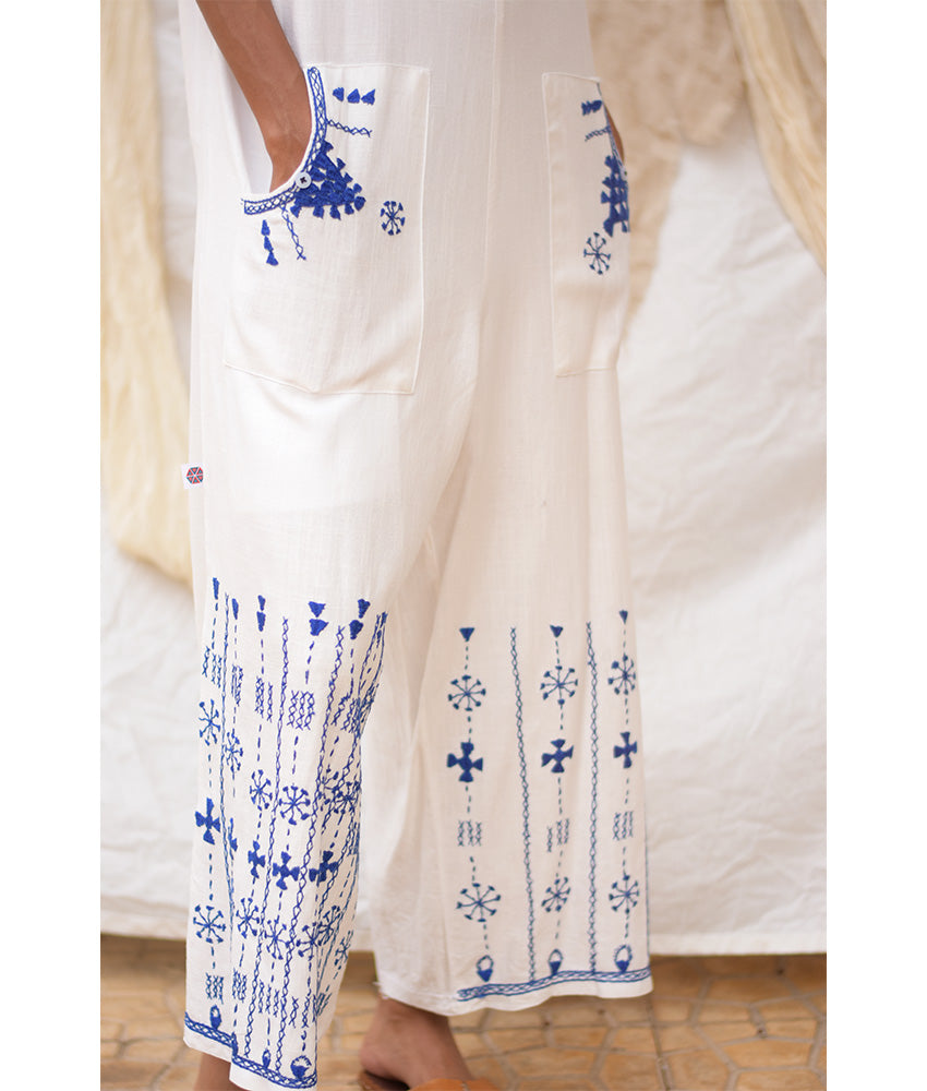 White Siwa Embroidered Linen Jumpsuit
