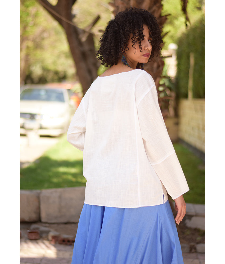 White Linen Boxy Top handmade in Egypt & available at Jozee Boutique.